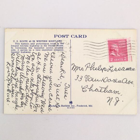 National Old Trails Mountains of West Maryland 40 Vintage Linen Postcard 1954 - Picture 2 of 2